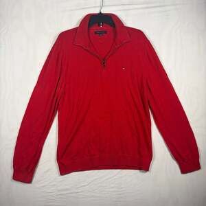 Tommy Hilfiger Men's Red Cotton Quarter Zip Pullover Sweater Size XL